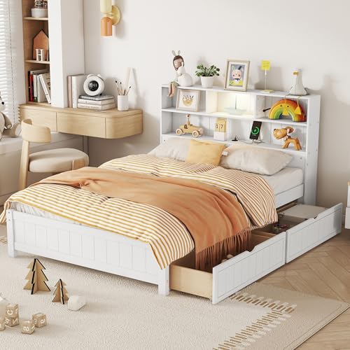 Twin Size Platform Bed with Bookcase Headboard, USB Charging Station and Downlight,Wood Twin Capatain Bed Frames with 2 Storage Drawers,Twin Storage Bed Frames for Kids Girls Boys,White