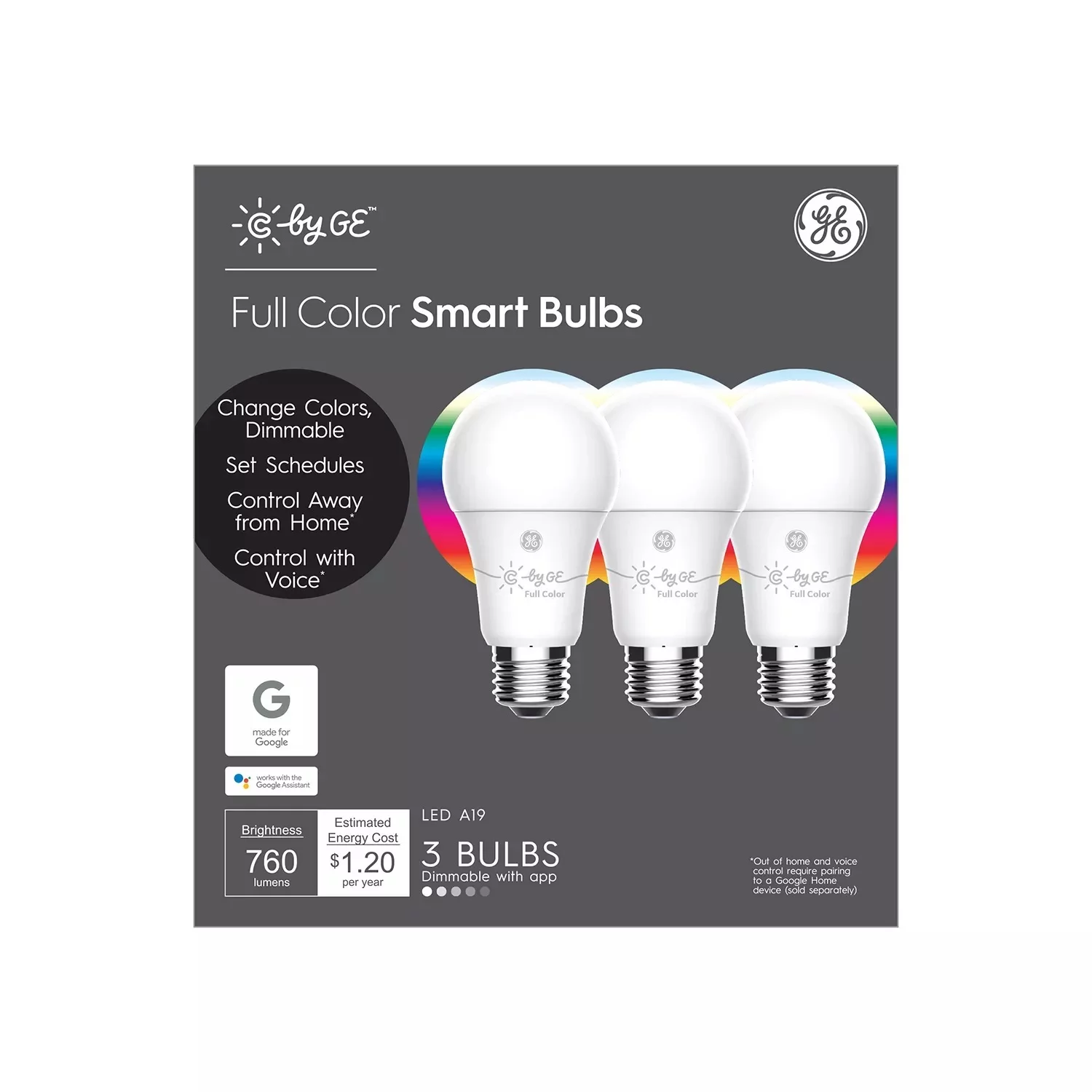 GE Lighting Full Color Smart Bulbs LED A19 - 3 Pack