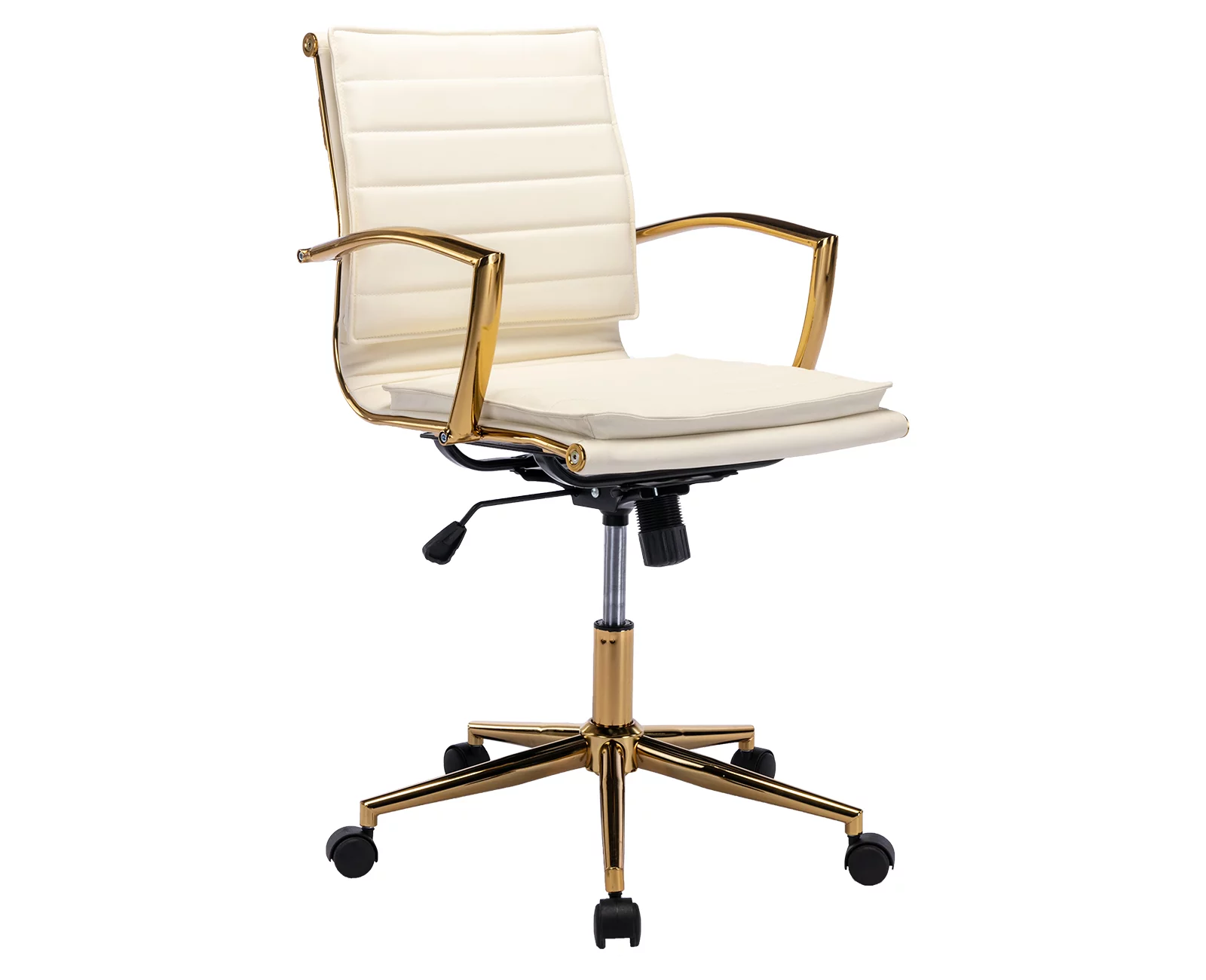 Guyou Faux Leather Swivel Office Chair, Modern Wide Seat Adjustable Height Computer Desk Chair with Backrest and Wheels, Ergonomic Task Chair Conference Chair with Armrests and Gold Metal Base, Beige