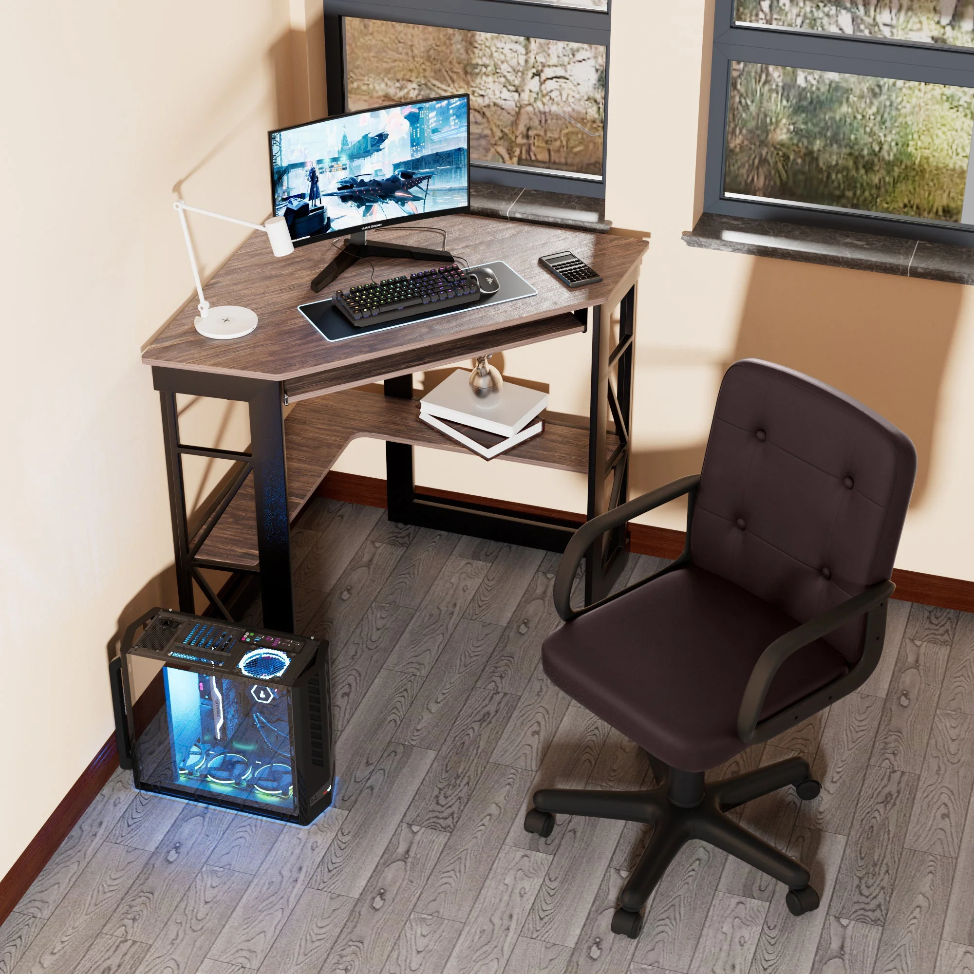 VECELO Corner Computer Desk & Chair Set, Ergonomic High Back Adjustable Height Office Chair and Study Writing Table with Keyboard Tray and Storage Shelf, Antique Brown+Coffee