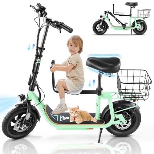 Caroma Peak 500W/800W/1200W Electric Scooter with Seat, 30 Miles Max Range Electric Scooter Adults&Teens, 48V Large Battery, 20MPH Top Speed Foldable Ebike, Adjustable E-Bike with Basket&Kid Seat