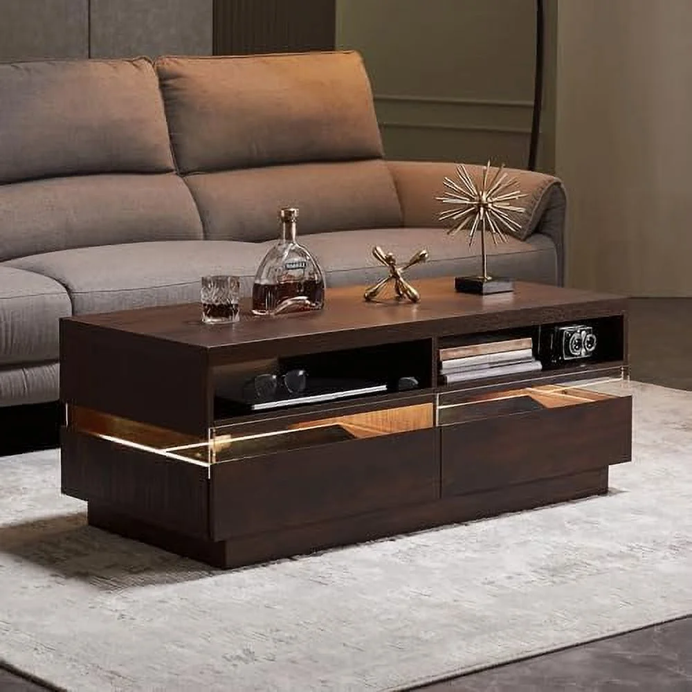 KHBIULIFE 48 Inch LED Coffee Table  Modern Coffee Table with 2 Large  Drawers & Open Cubbies  Rectangle Wood Center Table with LED Lights & Power Strip for Living Room  Dark Walnu