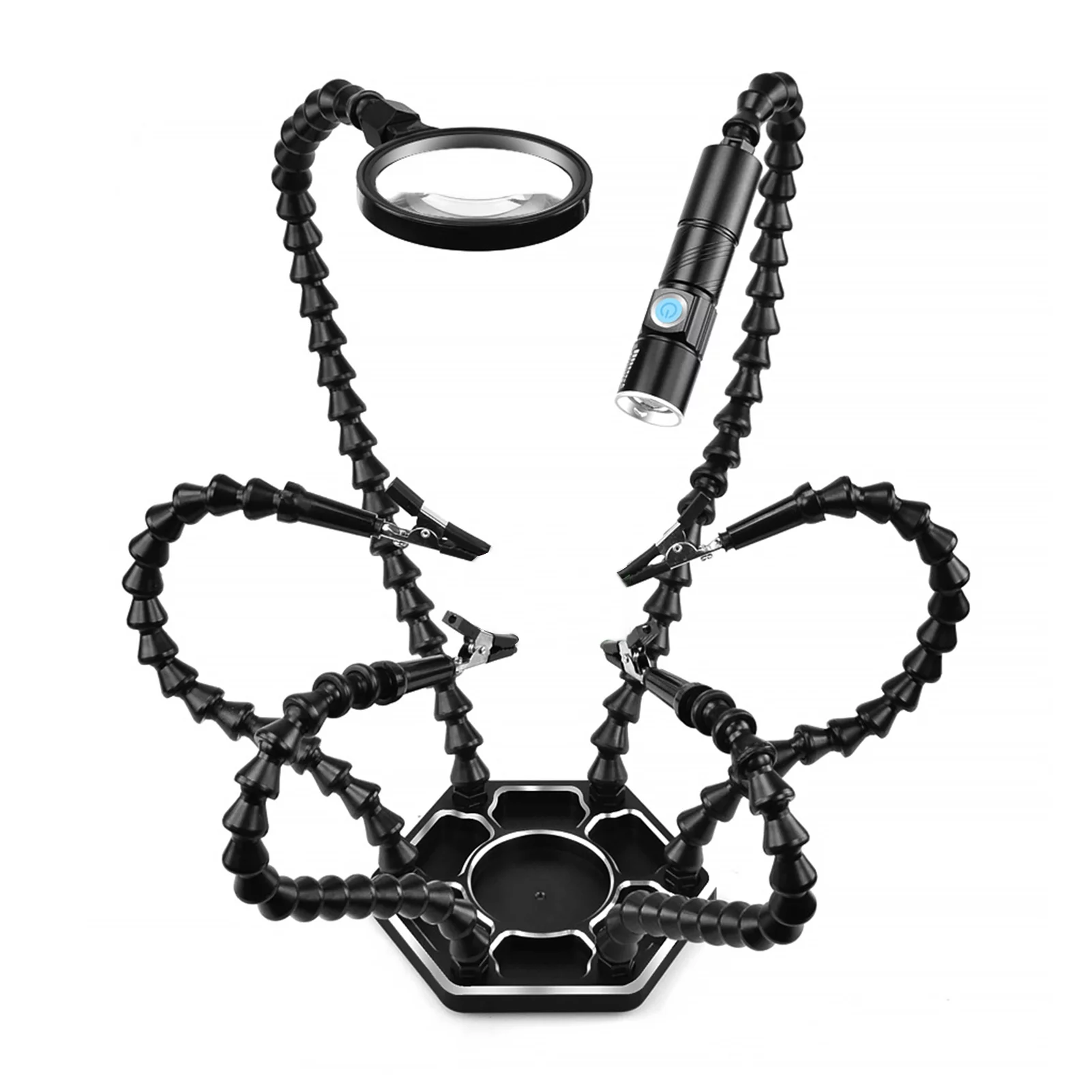 Walmeck Helping Hands Soldering Third Hand PCB Tool with 6 Flexable Arms Light Rotatable Clips and Stable Desk Clamp Base for Soldering Assembly  Modeling DIY Black