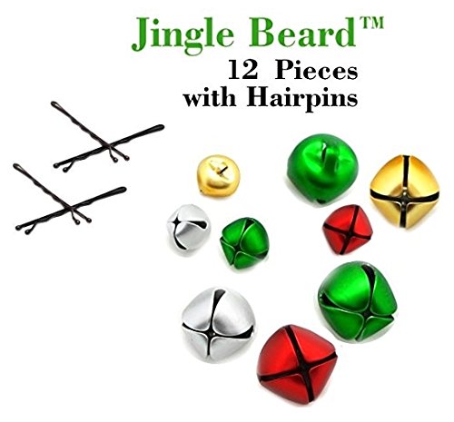 Jingle_Beard! 12-Pack Mini Christmas Beard Ornaments, Assorted Colors (for Hair, Beards, and More!) (Bells with Bobby Pins)
