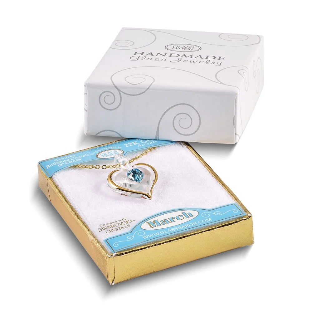 Glass Baron 22K Accent Gilding Gold-trim Glass with Blue March Birthstone Crystal from Swarovski Heart 18 inch Gold-tone Necklace GM9402
