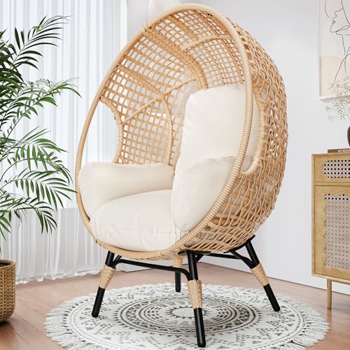 Oversized Wicker Egg Chair Outdoor Indoor Rattan Patio Egg Lounge Chairs with Cushion 500lbs Capacity for Living Room, Balcony, Backyard(Beige)