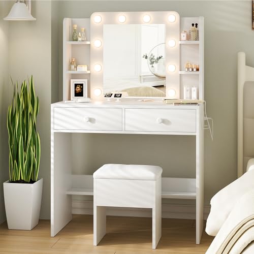 Haewon White Vanity Desk with Mirror, 10 LED Lights and Power Outlets, Makeup Vanity Mirror with 3 Lighting Color Adjustable, Dressing Table Set with Drawers Shelves Storage Chair for Bedroom