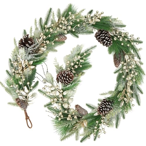 6.6 FT Christmas Garland for Mantle: Realistic Faux Cedar Garland with Artificial Glitter Berry for Stairs Railing Staircase Fireplace Table Indoor Outdoor Xmas Holiday Decor