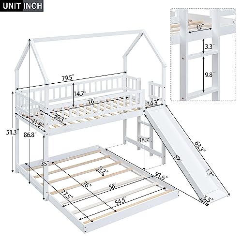 Twin Over Twin House Bunk Bed with Trundle and Slide, Solid Wood Bunk Bed with Storage Staircase and Full-Length Guardrails, House Play Design for Kids, Easy Assembly (Gray) (Gray)