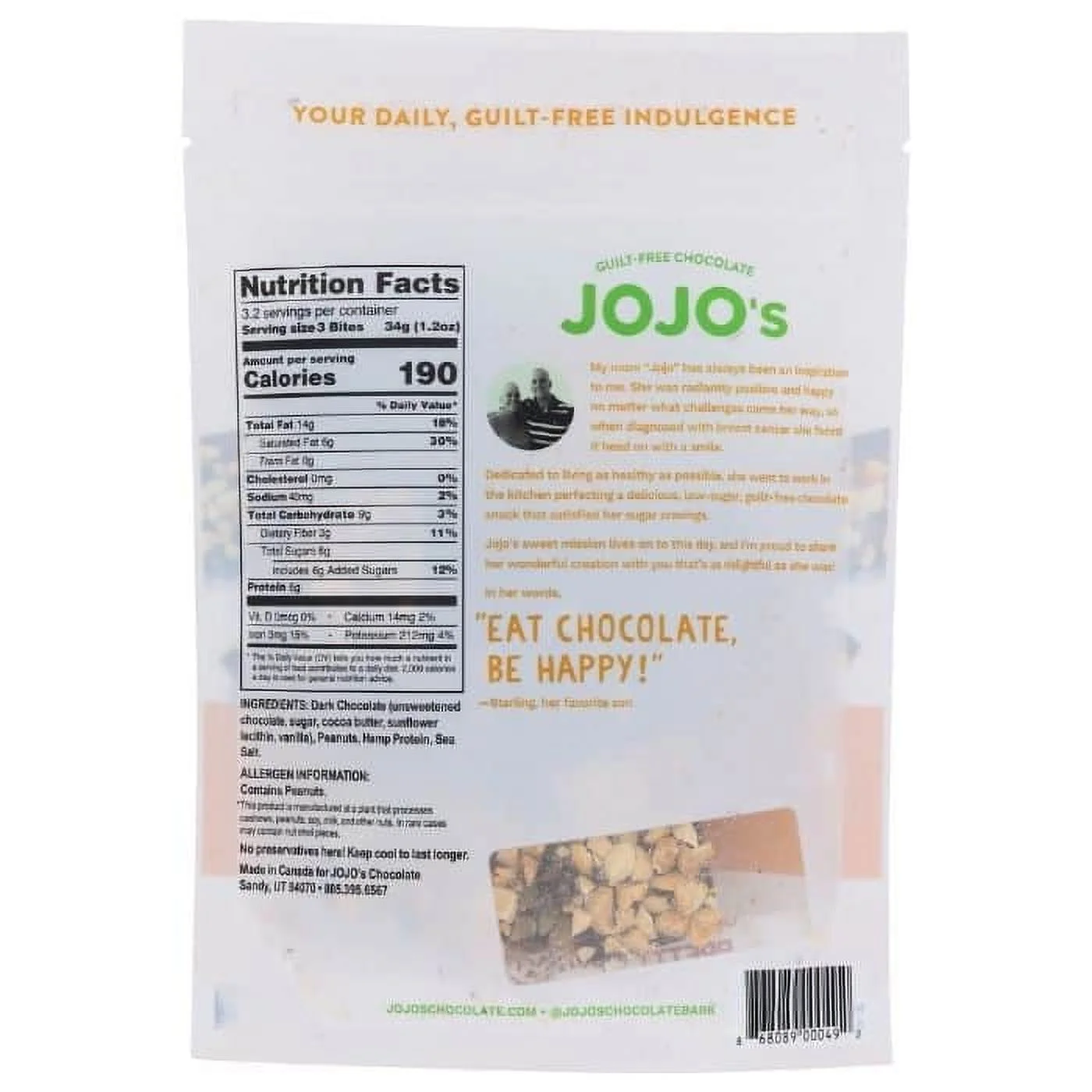 JOJO's Chocolate Vegan Peanut Butter Dark Chocolate Candy Bars, 3.9 oz Pack Of 6
