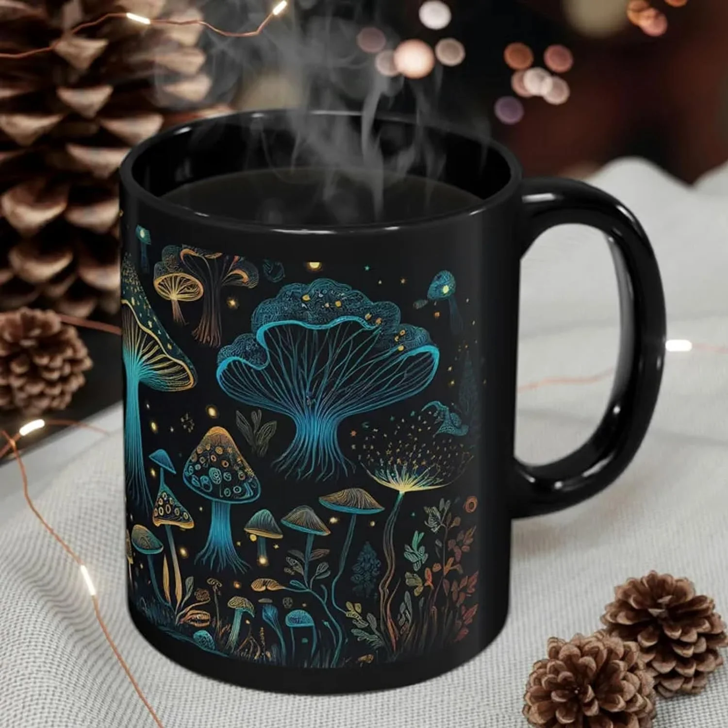 Mushroom Mug,Bioluminescent Fungi Magic Mushroom Mug, Black Mushroom Coffee Cup, Cute Bioluminescent Mushroom Gifts, Gifts For Mushroom Lovers (2PCS)
