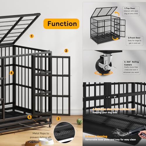 LEVELEVE 48 Inch Heavy Duty Indestructible Dog Crates for Large Dogs，Escape Proof Dog Cage Large Dogs with Lockable Wheels，Dog Kennel Furniture Indoor&Outside
