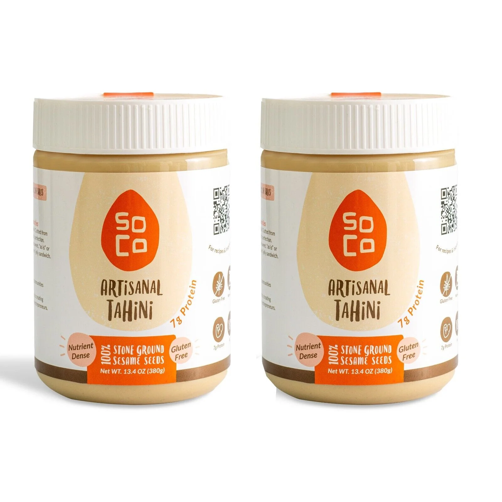 Artisanal Tahini Paste, Pure Ground Sesame Paste Tahini for Hummus, Vegan Dressings and Sauces, Plant-Based, Gluten-Free, Non-GMO, Kosher Condiment, 13.4 oz (380 g), Pack of 2 - SoCo