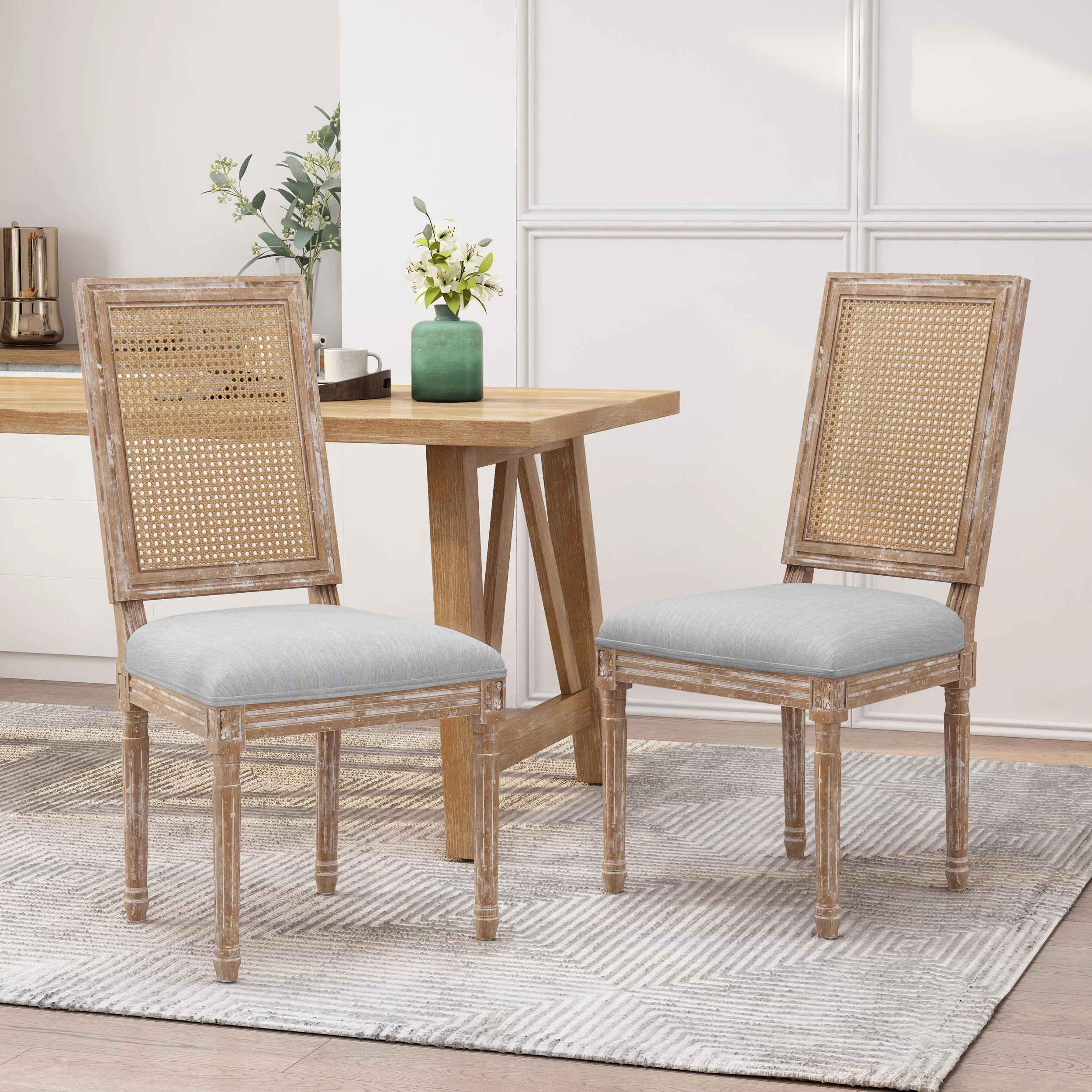Noble House Beckstrom French Wood Dining Chair, Set of 2, Light Gray, Natural