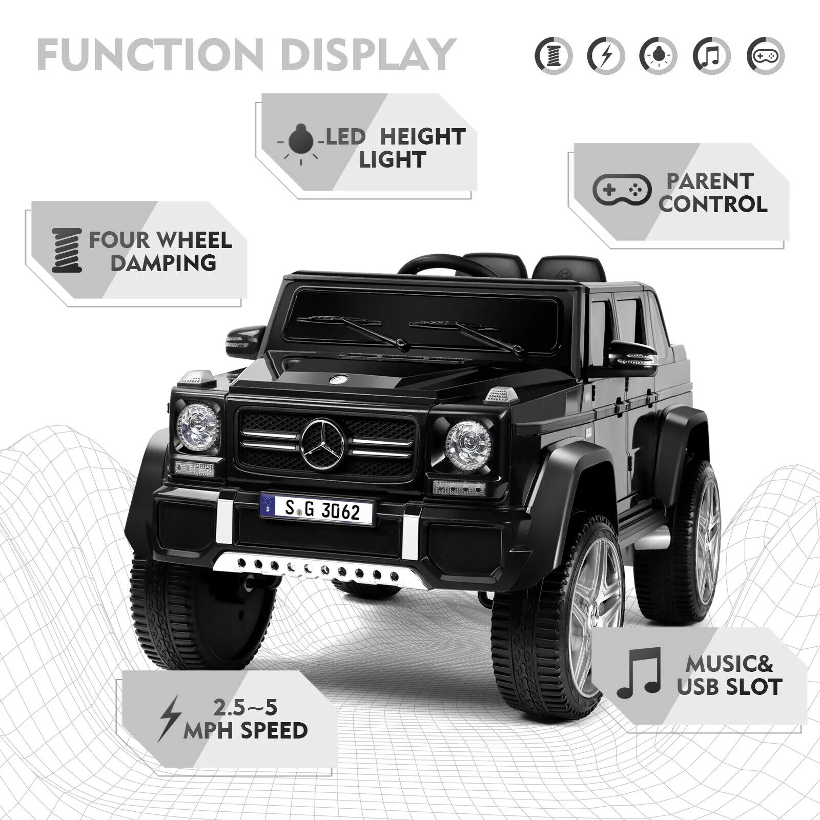JOYLDIAS 12V Kids Ride on Car 3 Speeds Licensed Mercedes-Benz Electric Toy with Remote Control, LED Light (Black)