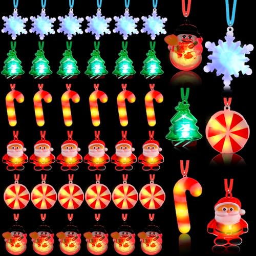 Sumind Light up Christmas Bulb Necklace - LED Xmas Lights With Santa Claus, Tree, Snowman, Snowflake, Candy Decorations - Party Favors (36 Pcs)