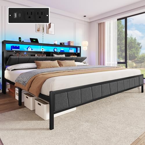 YITAHOME Queen Bed Frame with Storage Headboard, Upholstered LED Platform Bed with Charging Station, Heavy-Duty Metal Slats, No Box Spring Needed, Fast Assembly - Gray