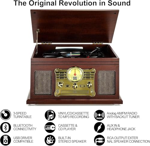 Bluetooth Record Player 10 in 1, 3-Speed Turntable for Vinyl with Speakers, LP to MP3 Converter, CD, Cassette Player, FM Radio, Wireless Streaming | Mahogany