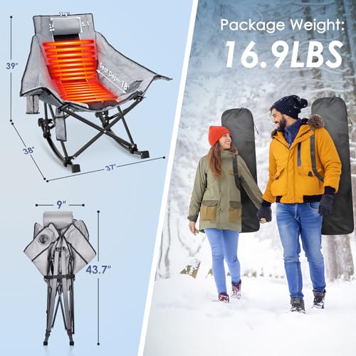 Suteck Heated Rocking Camping Chair, XL Oversized Rocking Chair Outdoor with 3 Heat Levels for Back and Seat, Heated Chairs Outdoor Sports for Patio Lawn Picnic Travel, Battery(Not Included)