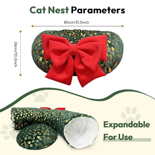 CHUN. F Comfort Green Cat Donut Tunnel for Christmas Tree – Christmas Themed Cat Tube for Holiday Season –A Big Red Bow - Ultra-Soft Plush Velvet Cute Cat Tree Tunnel Skirt with Ball Toy