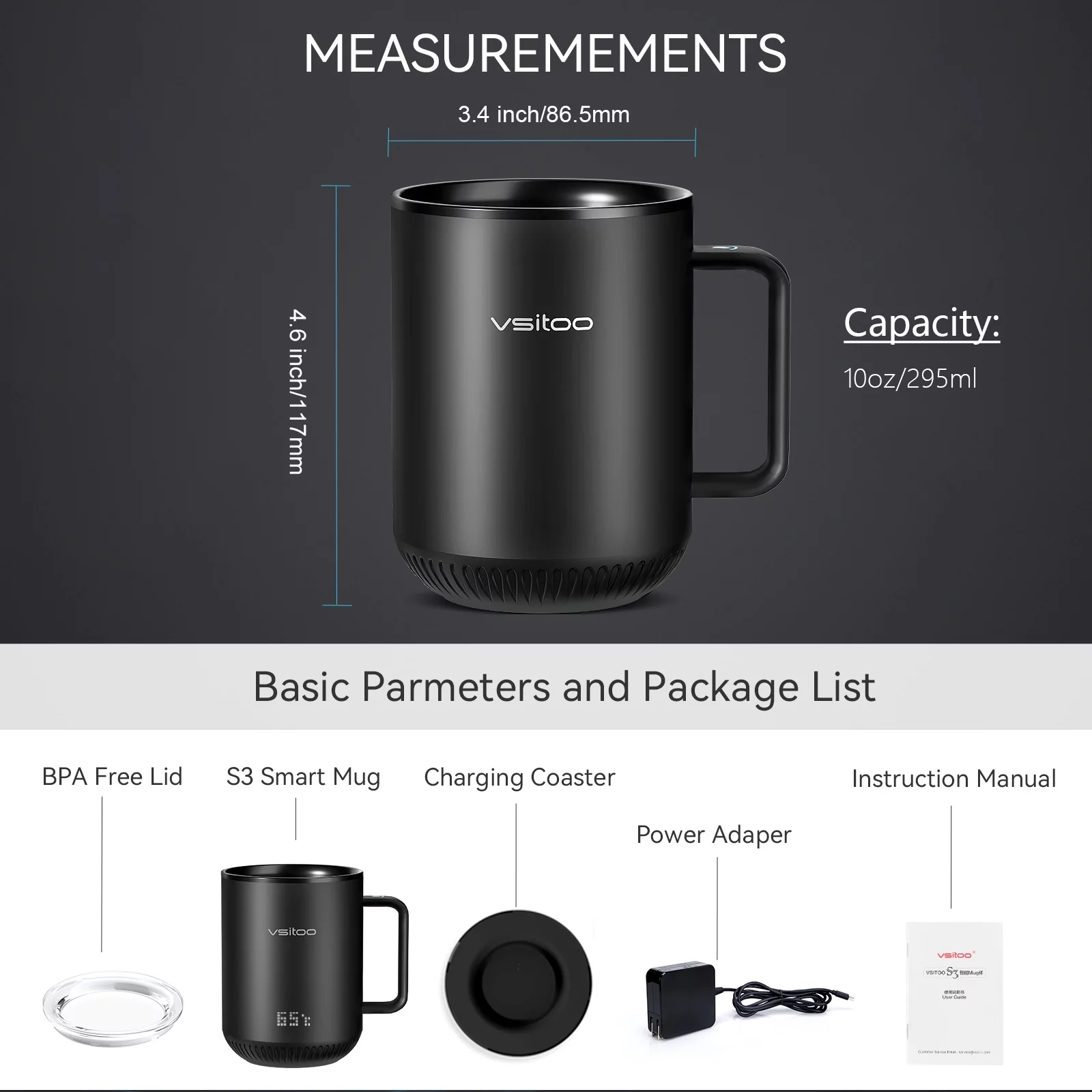 vsitoo S3 Temperature Control Smart Mug 2 with Lid, Self Heating Coffee Mug 10 oz, LED Display, 90 Min Battery Life - App&Manual Controlled Heated Coffee Mug - Improved Design, Coffee Gifts, Black