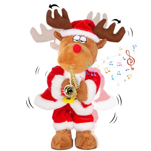 Electric Reindeer Toy with Singing, Dancing, and Saxophone Playing, Christmas Animatronics Musical Reindeer, Christmas Plush Doll Toy for Kids, Xmas Gift & Indoor Festive Decoration