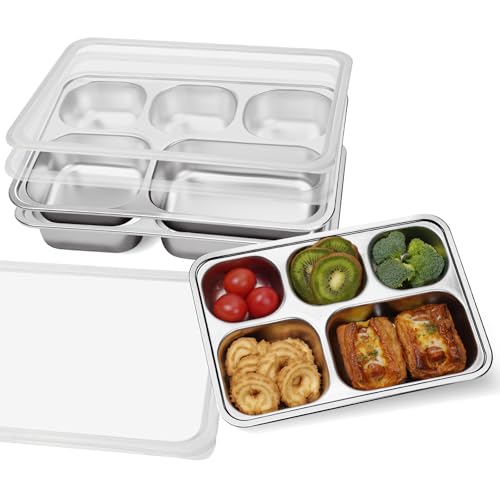 Stainless Steel Bento Box Adults 3 Pack, 5 Compartments Snack Containers with Lids, Reusable Meal Kids Bento Lunch Box, Divided Food Storage Containers for School Home Travel