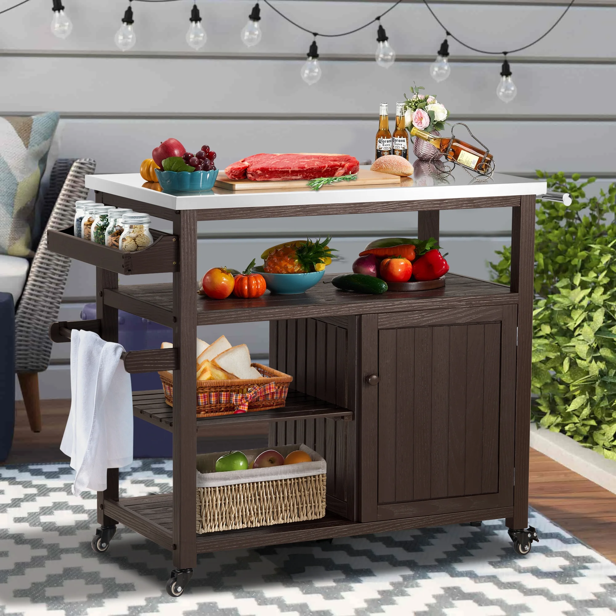 AHB Outdoor Grill Table Solid Wood Storage Cabinet, Rolling Kitchen Island, Movable Bar Cart with Stainless Steel Top, Waterproof Cover for Outside Patio, Backyard, Garden (Brown)