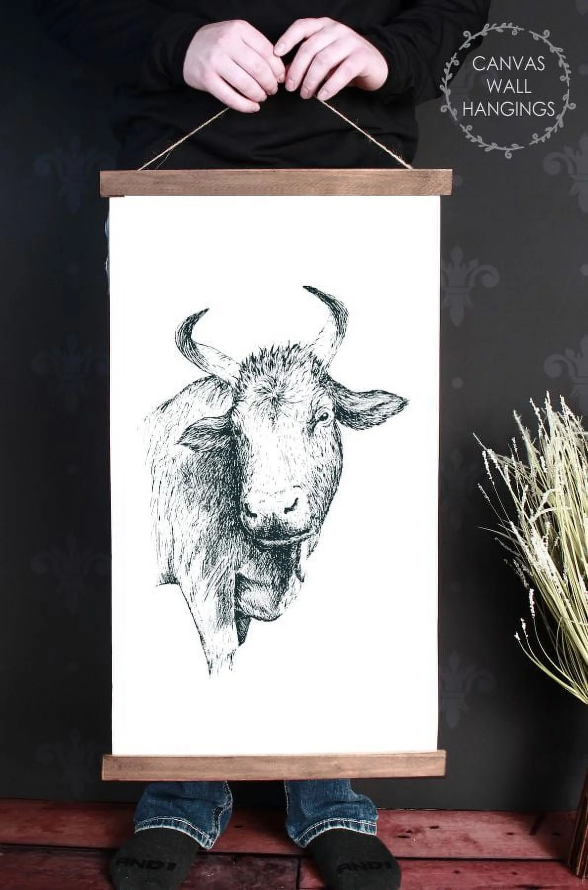 Wood, Canvas Sign, Farm Animal Cow Art Farmhouse Style Décor Print, Lightweight Ready to Hang Wall Hanging, 15x26-Inch