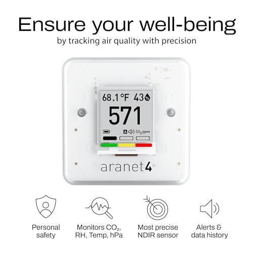 SAF Aranet4 Home: Wireless Indoor Air Quality Monitor for Office or School (CO2, Temperature, Humidity and More) Portable, Battery Powered, E-Ink Screen, App for Configuration & Data History