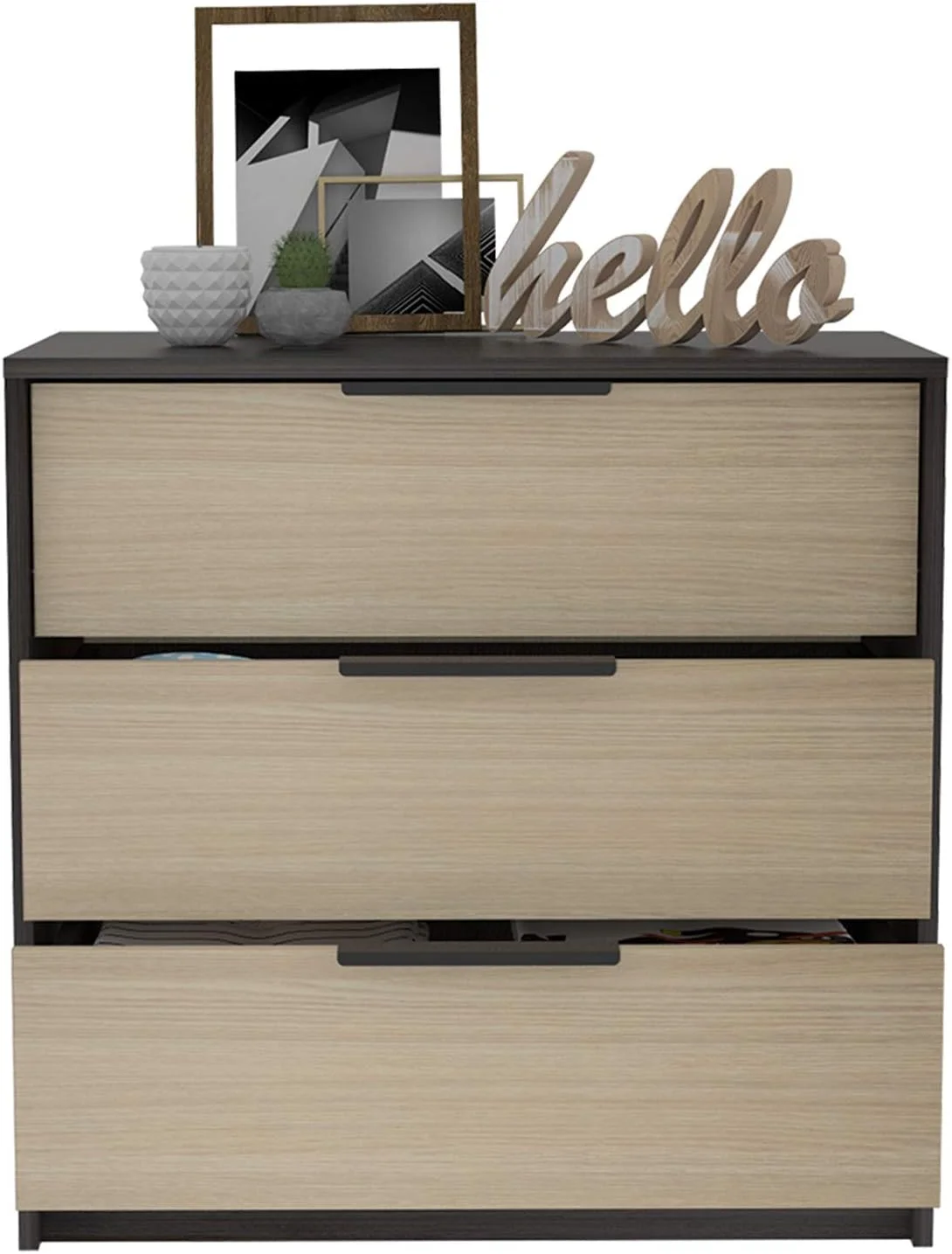 Kaia 3 Door Dresser 27.04” Height Spaces For Object Decorative And Other Objects, Nightstand, 3 Wide Drawers, Gray Dark And Light Oak