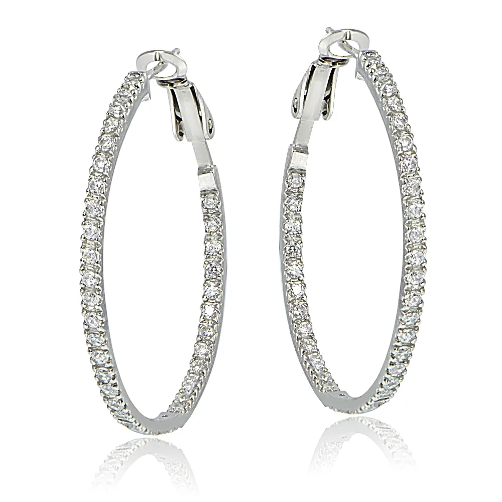 Sterling Silver Cubic Zirconia Inside Out 35mm Round Hoop Earrings