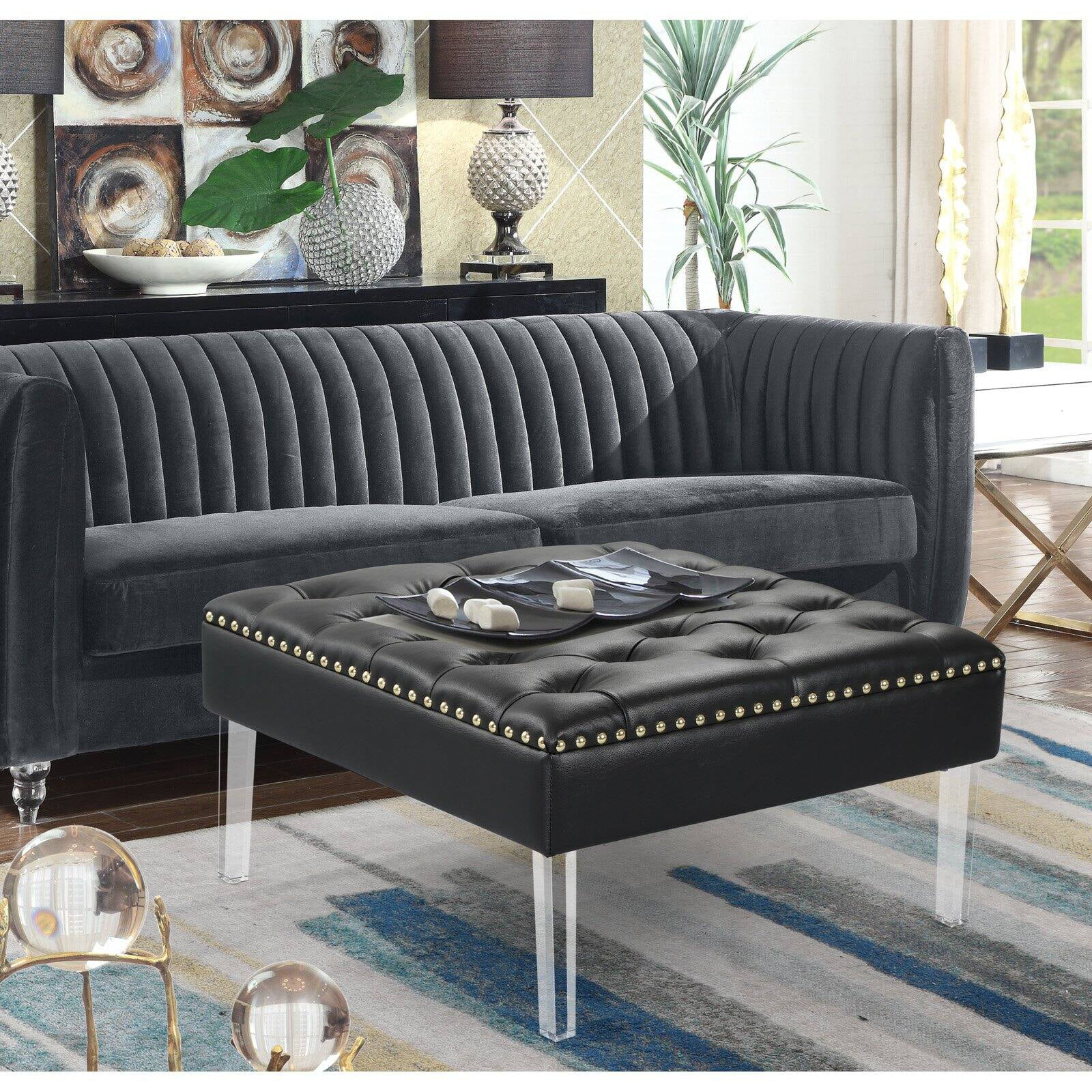 Marie Square Ottoman Center Table Button Tufted PU Leather Upholstered Acrylic Legs