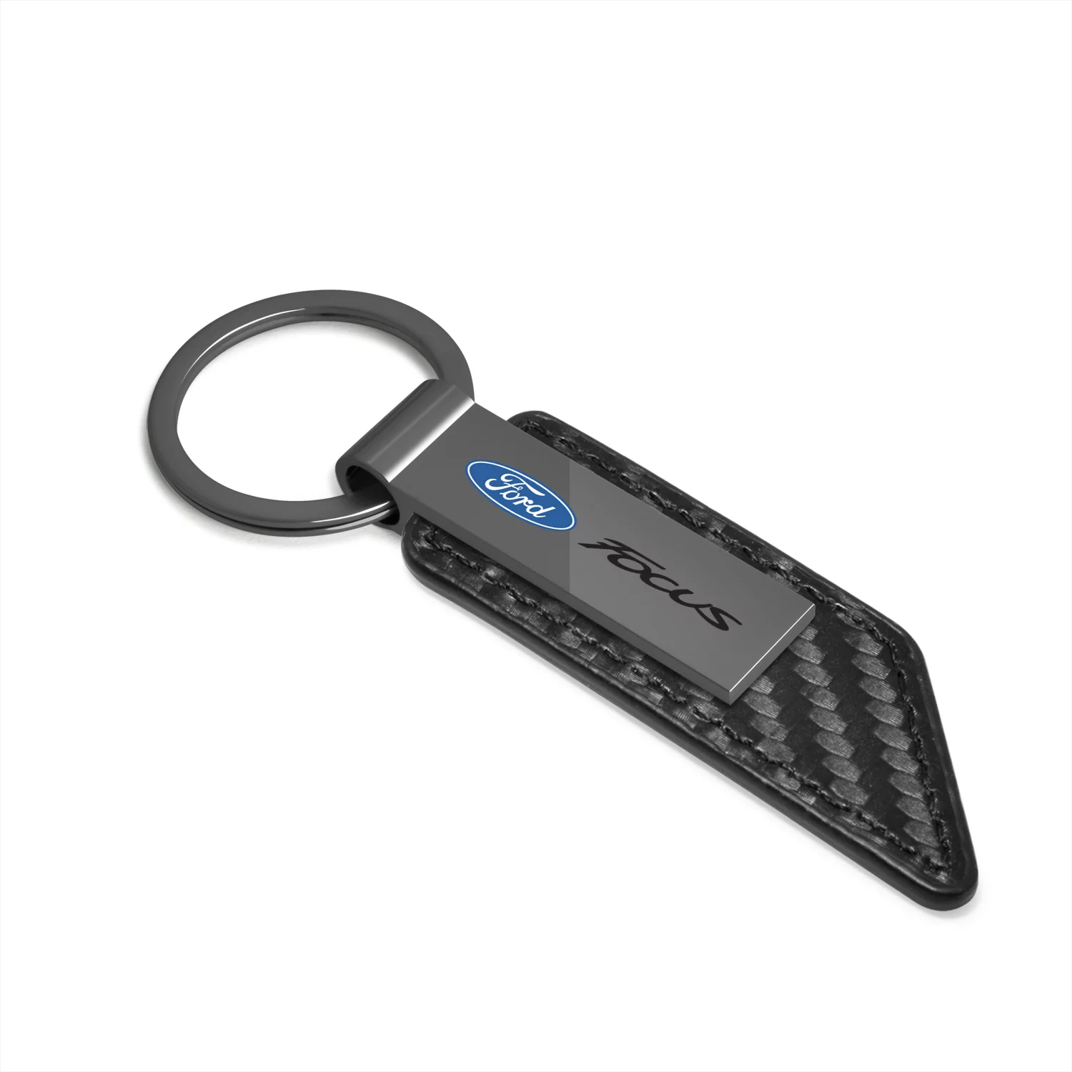 Ford Focus Black PU Leather Carbon Fiber Texture Strap Black Metal Bar LED Printed Logo Key Chain