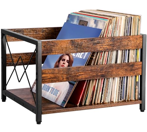 Y&M Vinyl Record Storage Crate, Wooden Storage Box, Classic Cube CD Albums Shelf Holder Organizer, Holds Up to 100+ Records, Magazine Rack for Desktop, Home, Office, Brown