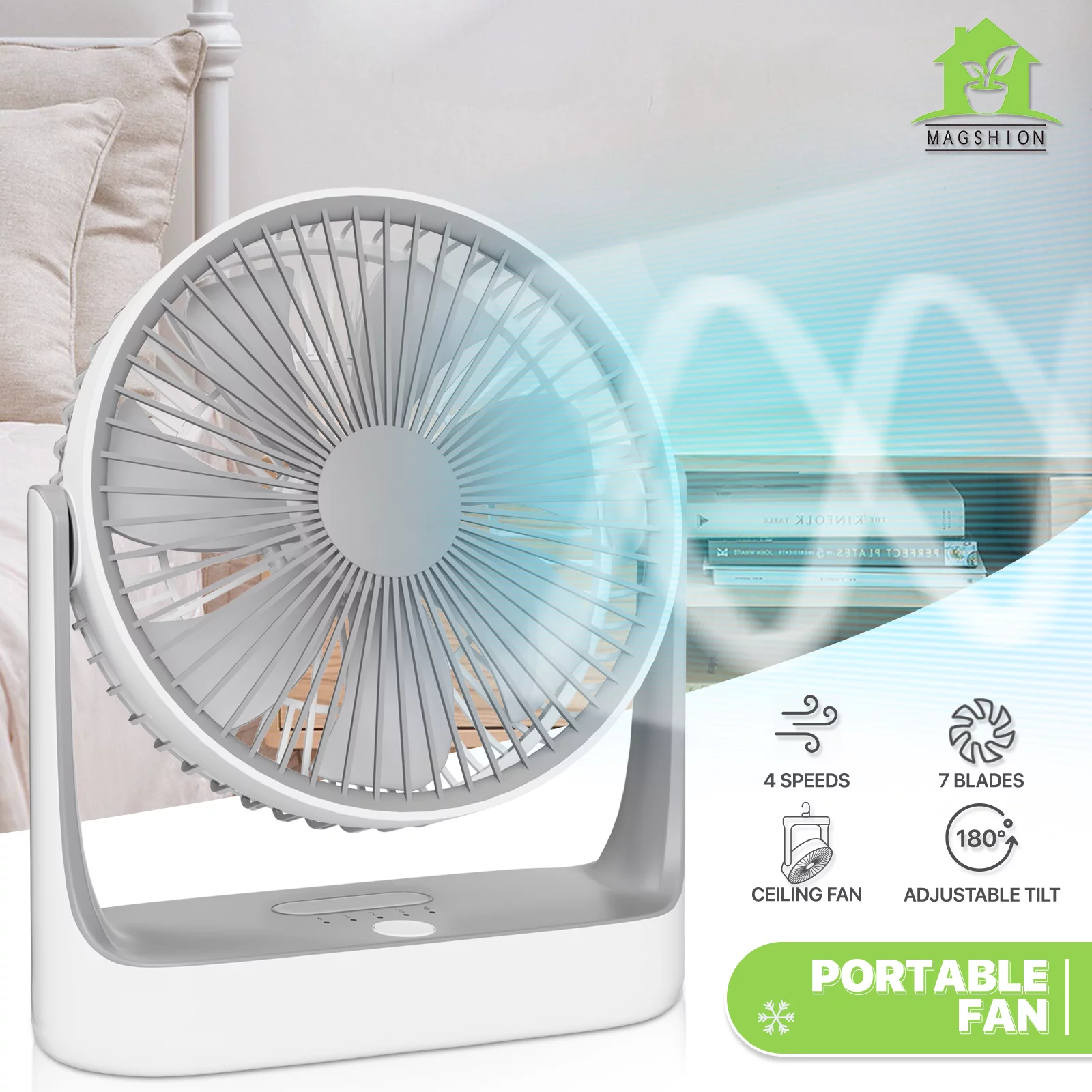 Magshion USB Desktop Fan, Rechargeable Wall Mounted Hanging Fan with LED Light and Hook, Speed Adjustable Air Cooler Fan For Home Bedroom, White