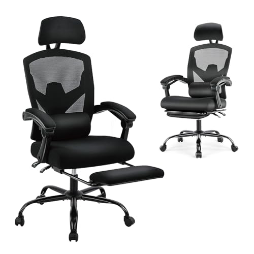 DUMOS Home Office Desk Chair with Footrest, High-Back Mesh Rolling Swivel Reclining Chairs with Wheels, Comfortable Headrest, Lumbar Support, Comfy Arms for Home, Office, Gaming, Student, Grey