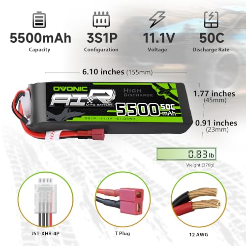 OVONIC 3s Lipo Battery 50C 5500mAh 11.1V Lipo Battery with Dean-Style T Connector for RC Airplane Quadcopter Helicopter FPV Drone(2 Packs)