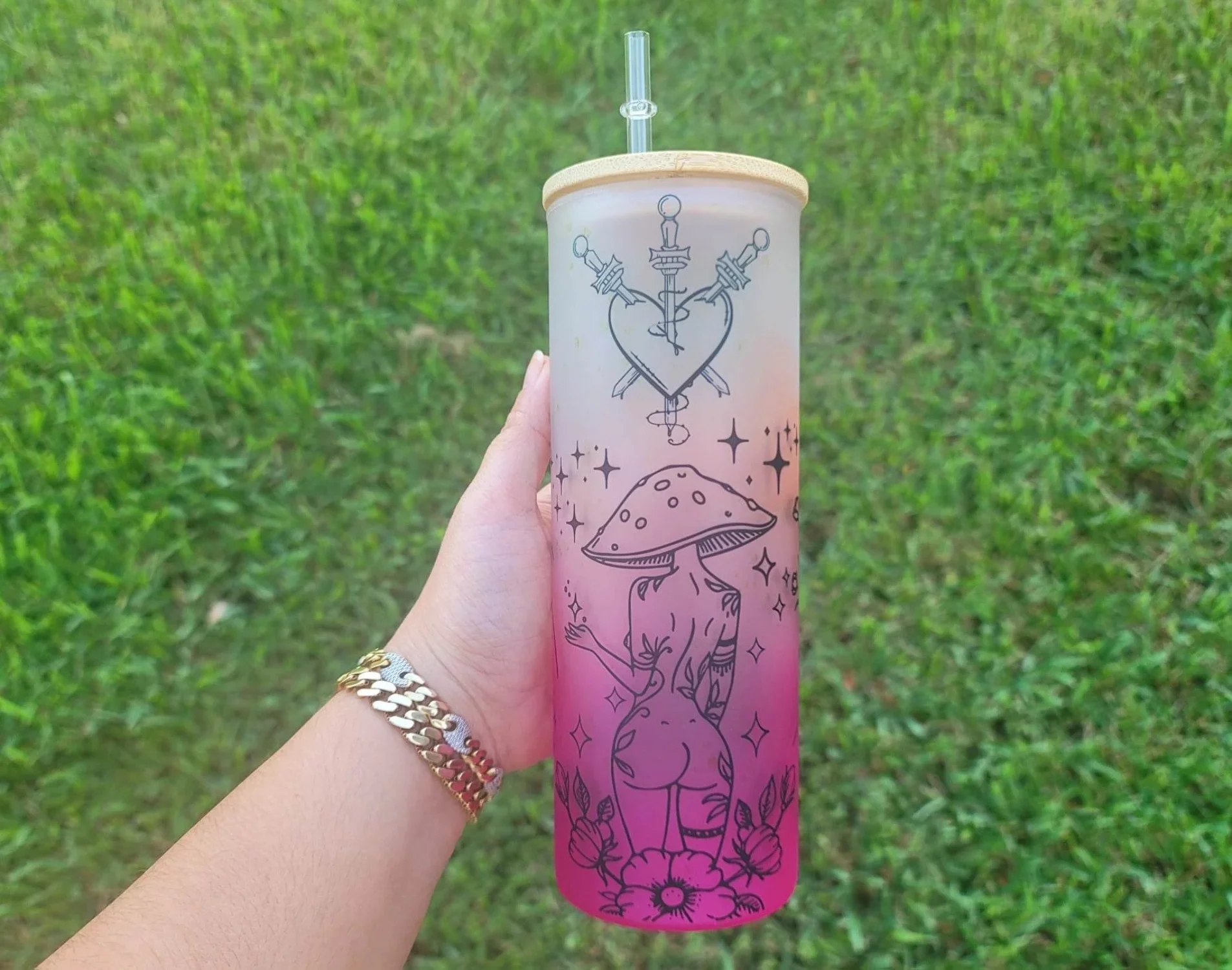 Mushroom Beer Can Glass | Boho Mushroom Coffee Glass | Aesthetic Coffee Glass | 24 oz