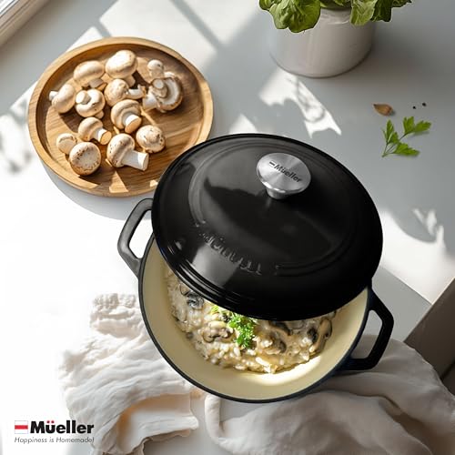 Mueller 6qt Enameled Cast Iron Dutch Oven, Heavy-Duty Casserole and Braiser Pan with Lid and Knob, Oven-Safe up to 500° F & Across All Cooktops, White