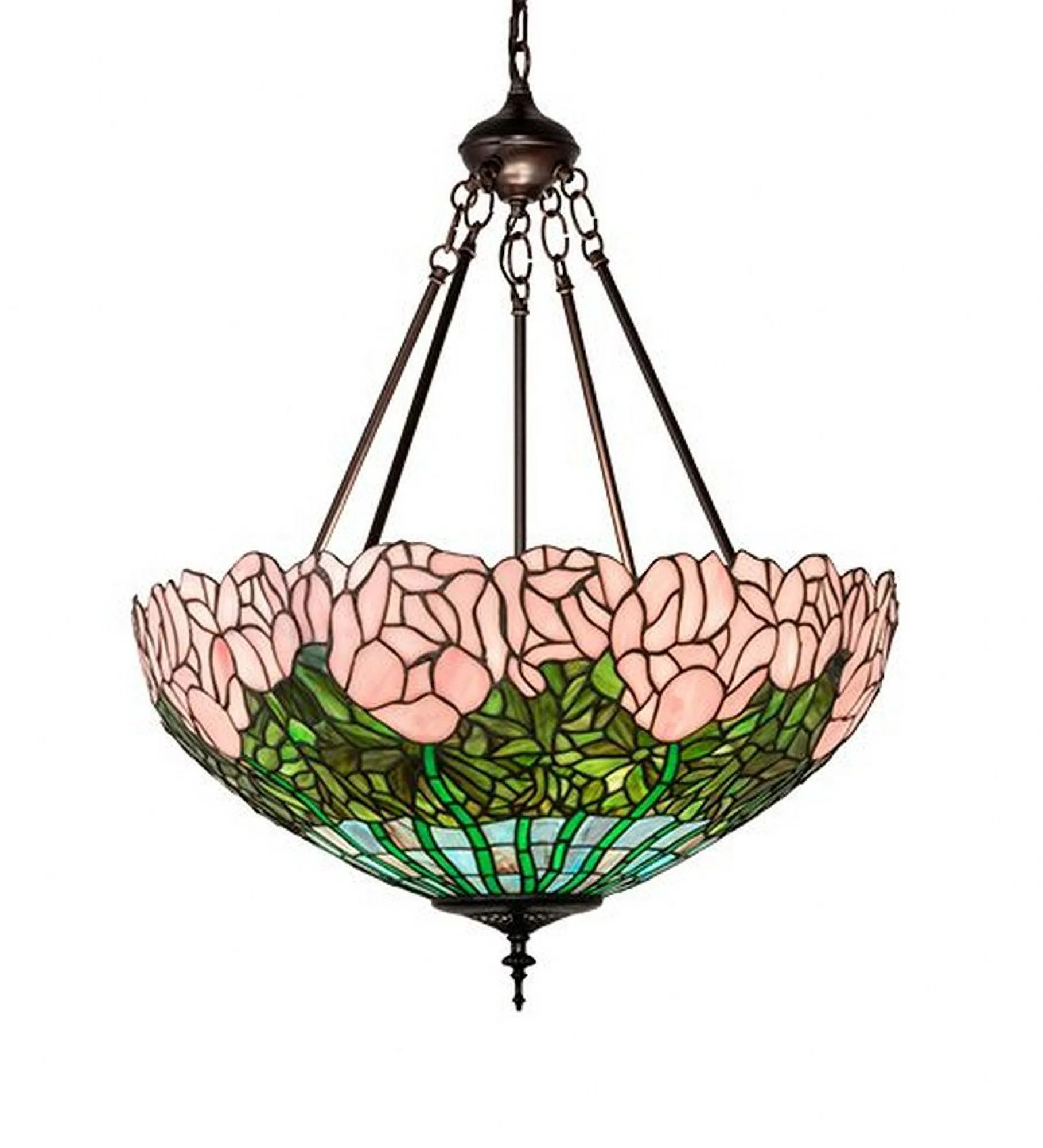 Meyda Tiffany 231156 22 Inch Wide Cabbage Rose Inverted Pendant   Mahogany Bronze Finish with Pink/Green Glass