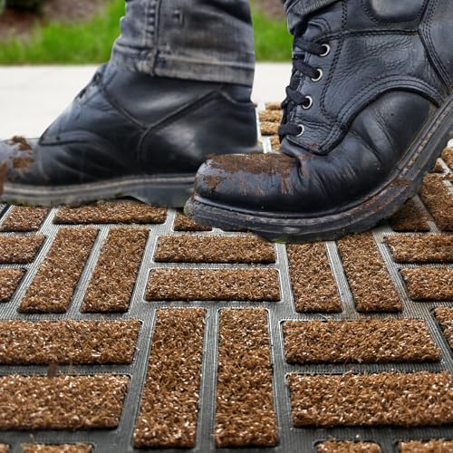 MATALL Front Door Mat Outside Entrance - 36x17 Inches Coir-Like Yellow Welcome Matt, Dirt-Trapping Non-Slip Low-Profile Indoor and Outdoor Mat for Patio, Porch, or Backyard