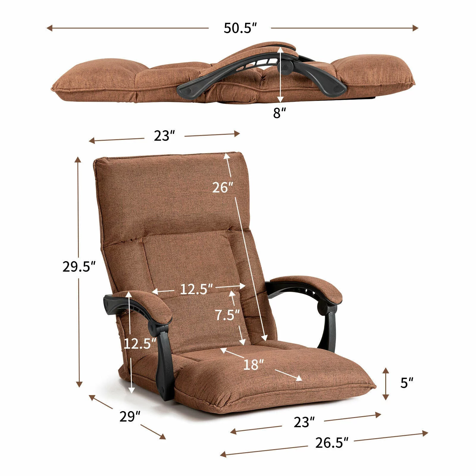 Brown 14-Position Floor Chair Lazy Sofa w/Adjustable Back Headrest Waist