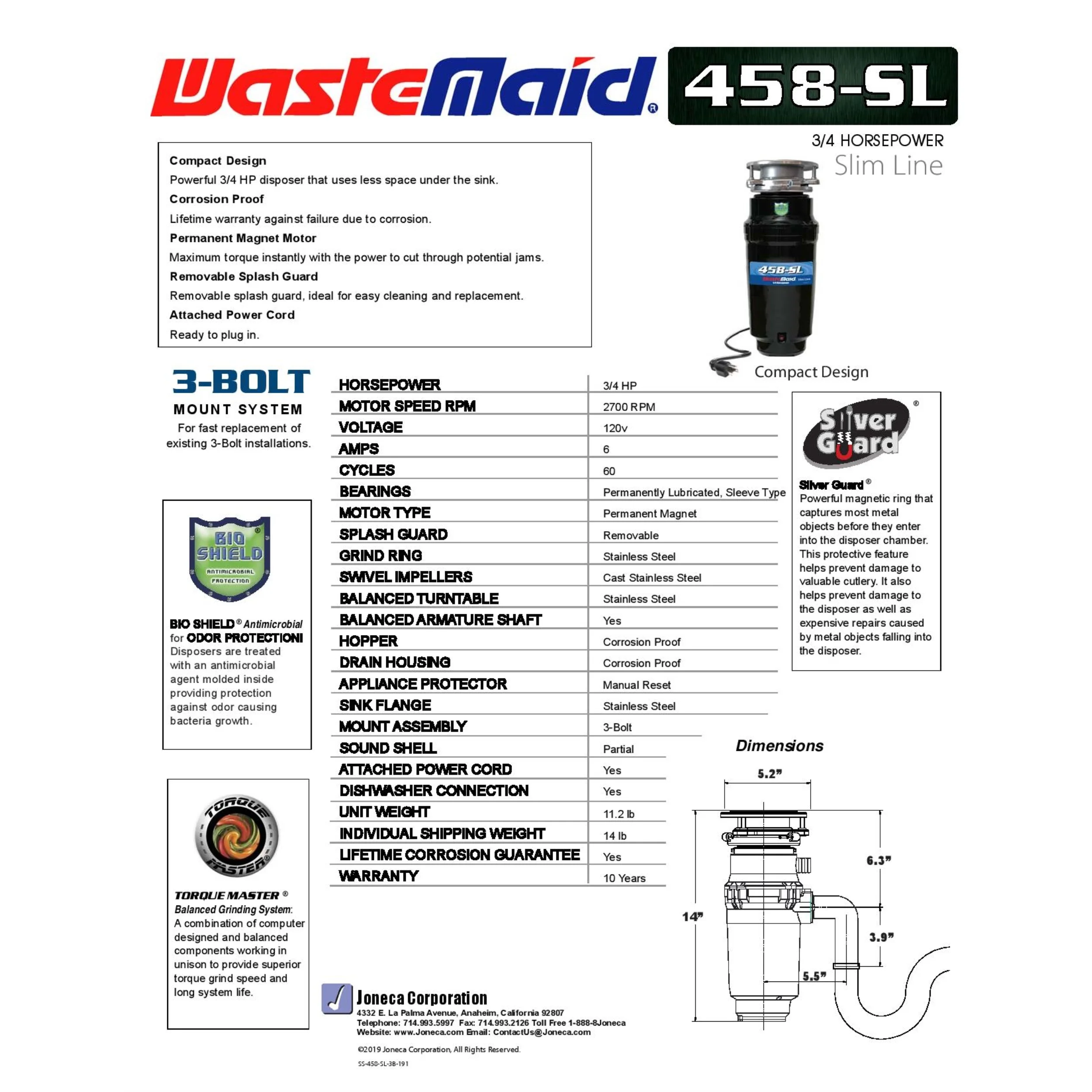 Waste Maid Kitchen Garbage Disposal, 3/4 HP, Slim Line, Black 10-US-WM-458-SL-3B