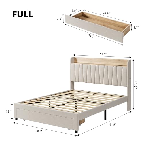 GarveeHome Upholstered Bed Frame with Storage Headboard and Charging Station, Platform Bed Frame with Drawers, Heavy Duty, No Box Spring Needed, Easy Assembly, Beige, Queen Size