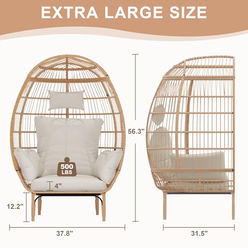 500 Lbs Capacity Oversized Wicker Egg Chair, All-Weather Rattan Egg Lounge Chairs for Patio, Backyard, Living Room, Outdoor Oversized Egg Chair Indoor w/5 Cushions