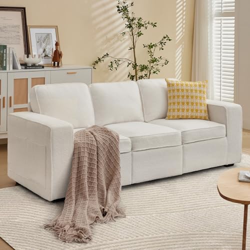 80'' Sofa Couch for Living Room, Mid Century Modern Loveseat Sofa with Side Pocket, 3-Seater Couches for Bedroom, Apartment, Office, Linen Grey