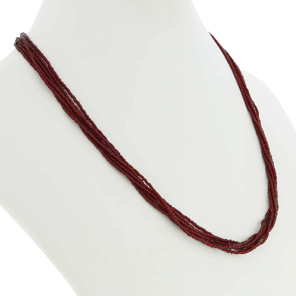 GlassOfVenice Murano Glass Six Strand Seed Bead Necklace - Ruby Red