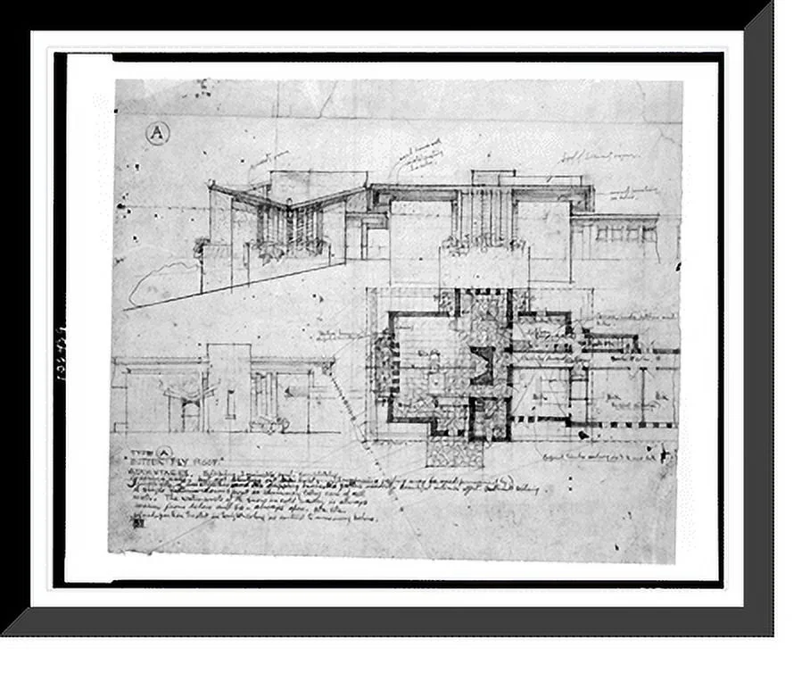 Historic Framed Print, [Two houses with variant roofs (Type A, Butterfly Roof