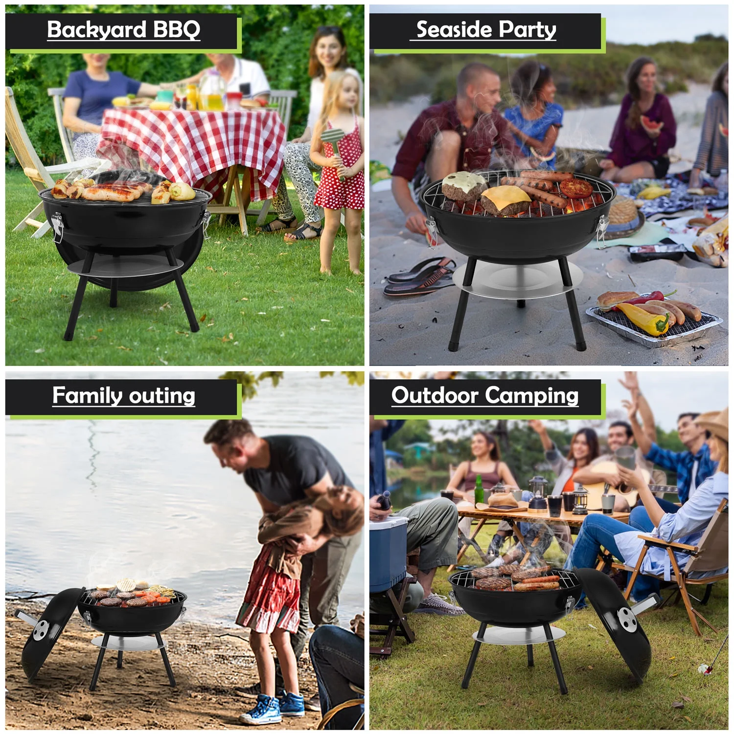 Walchoice 14 inch Portable Charcoal Grill with Black Lid, Small BBQ Grill for Outdoor Cooking/ Backyard Barbecue Party/ Camping, Dual Ventilation System, Plus a Screwdriver